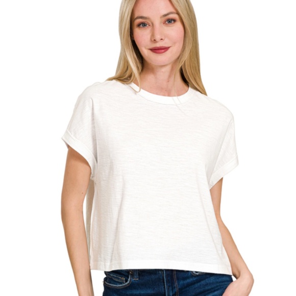 "The Mora" White Cotton Slub Short Sleeve Tee - Picture 1 of 1